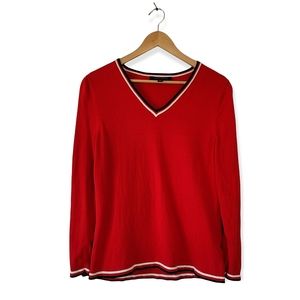 TOMMY HILFIGER Long Sleeve Red Sweater w/Blue & White Piping Cuffs & V Neck